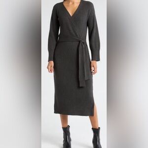 Where Are You From (WAYF) - Long Sleeve Wrap Sweater Dress - Charcoal, Sz Small